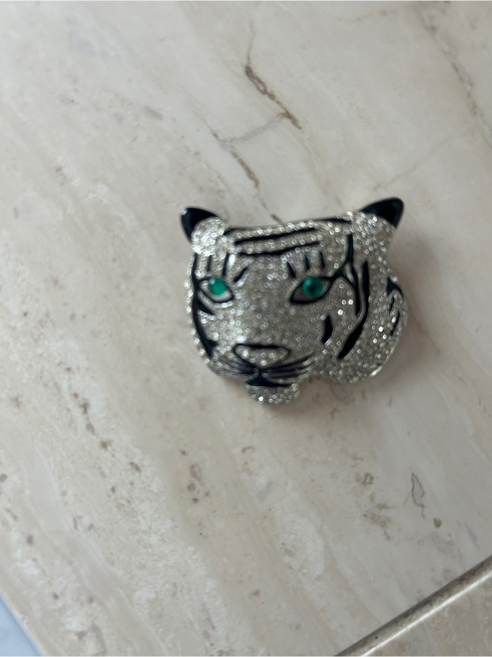 Silver Tone Crystal Tiger Head Brooch with Green Eyes